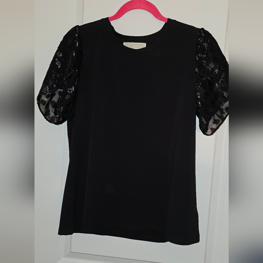 Michael Kors Black Blouse with Sheer Lace Sleeves
